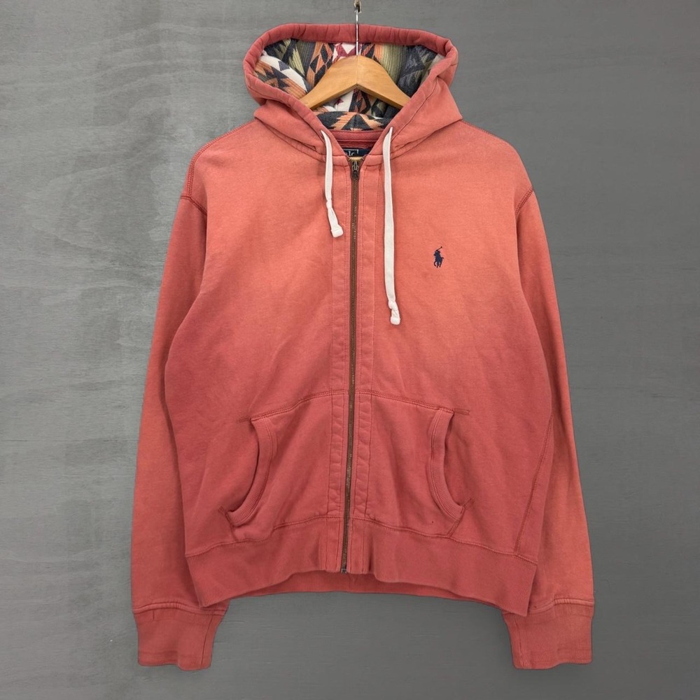 Vintage Polo Ralph Lauren Faded Zip Hoodie Salmon Pink Aztec Hood Lining Large
